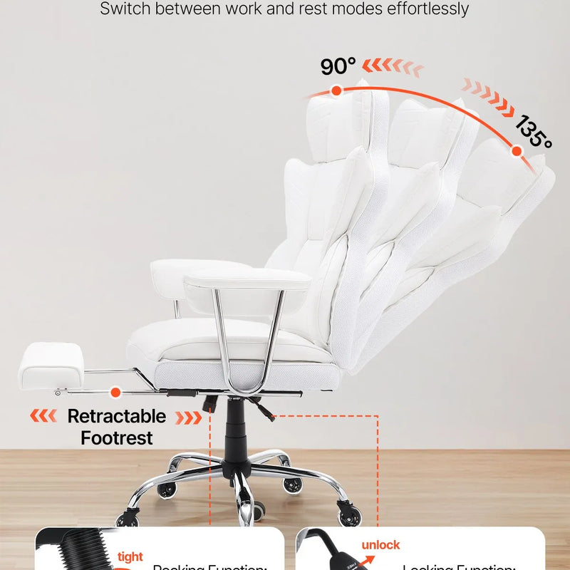 VEVOR atgāžams biroja krēsls ar kāju balstu, plats vadītāja biroja krēsls no PU ādas, ergonomisks biroja krēsls ar jostasvietas atbalstu, izturīgu metāla pamatni un klusiem riteņiem, balts