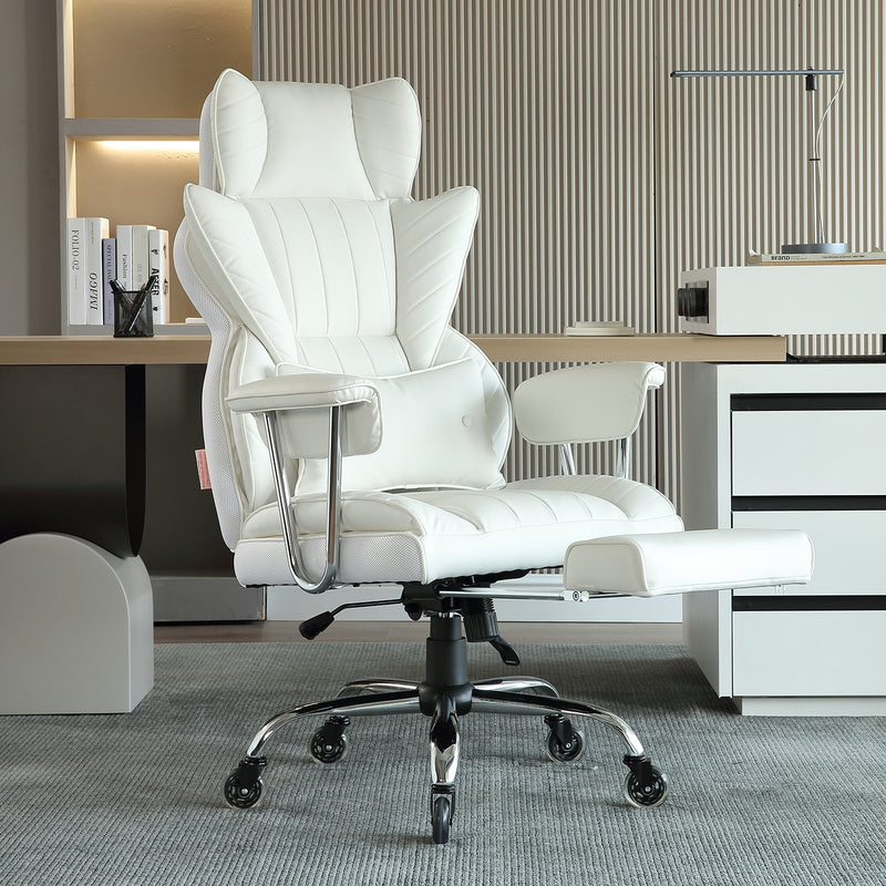 VEVOR atgāžams biroja krēsls ar kāju balstu, plats vadītāja biroja krēsls no PU ādas, ergonomisks biroja krēsls ar jostasvietas atbalstu, izturīgu metāla pamatni un klusiem riteņiem, balts