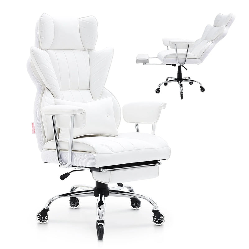VEVOR atgāžams biroja krēsls ar kāju balstu, plats vadītāja biroja krēsls no PU ādas, ergonomisks biroja krēsls ar jostasvietas atbalstu, izturīgu metāla pamatni un klusiem riteņiem, balts