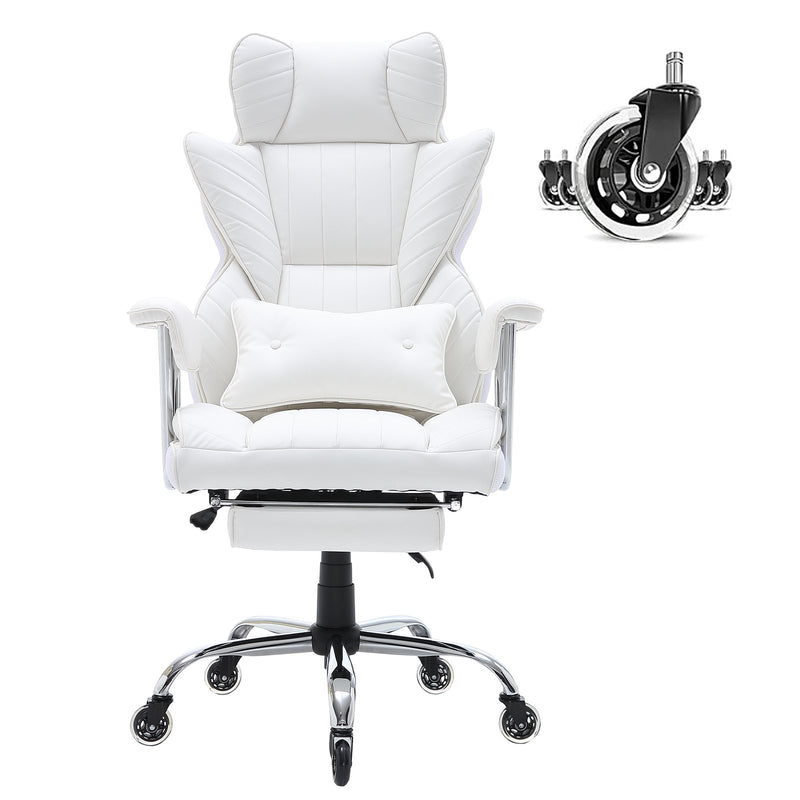 VEVOR atgāžams biroja krēsls ar kāju balstu, plats vadītāja biroja krēsls no PU ādas, ergonomisks biroja krēsls ar jostasvietas atbalstu, izturīgu metāla pamatni un klusiem riteņiem, balts