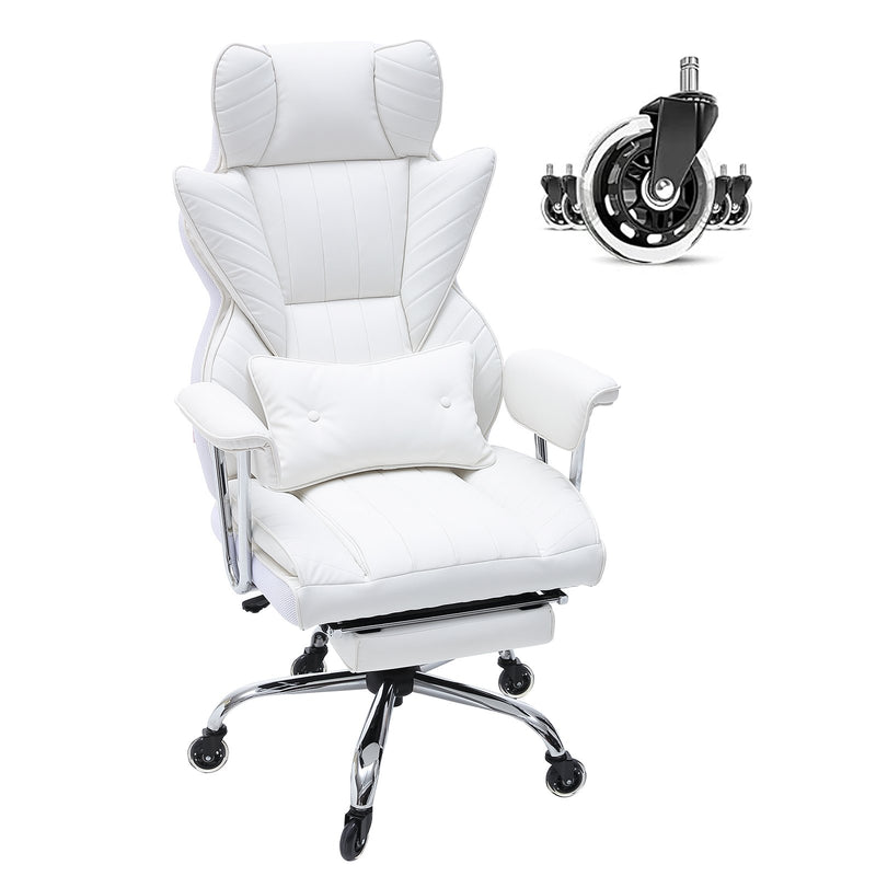 VEVOR atgāžams biroja krēsls ar kāju balstu, plats vadītāja biroja krēsls no PU ādas, ergonomisks biroja krēsls ar jostasvietas atbalstu, izturīgu metāla pamatni un klusiem riteņiem, balts