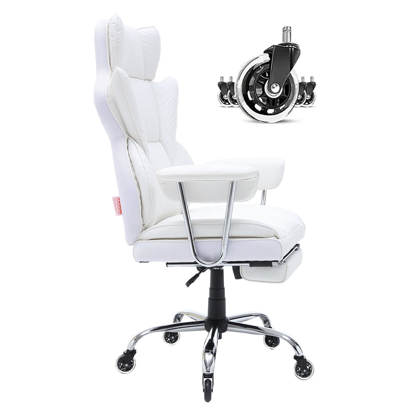 VEVOR atgāžams biroja krēsls ar kāju balstu, plats vadītāja biroja krēsls no PU ādas, ergonomisks biroja krēsls ar jostasvietas atbalstu, izturīgu metāla pamatni un klusiem riteņiem, balts