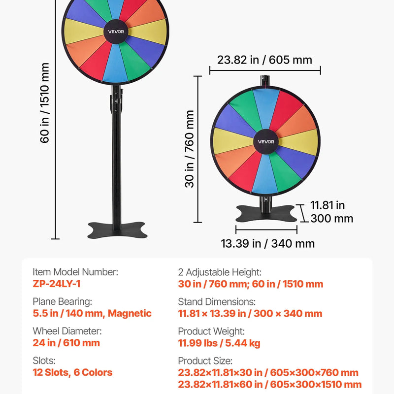 VEVOR laimes rats 610 mm ar statīvu, 12 sektori, regulējams augstums, dzēšama virsma ar 2 marķieriem, 6 krāsas, viegla montāža, pasākumiem, bāriem un izstādēm - ZEMLETES.LV