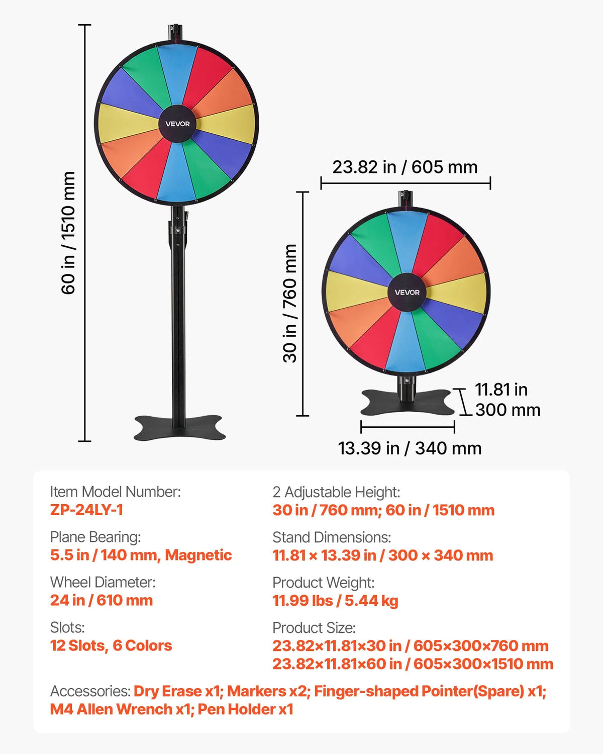 VEVOR laimes rats 610 mm ar statīvu, 12 sektori, regulējams augstums, dzēšama virsma ar 2 marķieriem, 6 krāsas, viegla montāža, pasākumiem, bāriem un izstādēm - ZEMLETES.LV