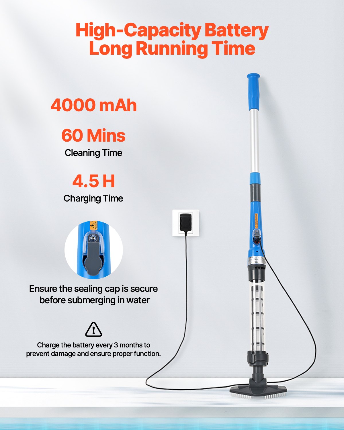 VEVOR Cordless Handheld Pool Vacuum, 8.5 GPM, with Extendable Pole, Powerful Suction for Deep Cleaning, Rechargeable Pool Cleaner with Up to 1 Hour Runtime, for Above-Ground and In-Ground Pools and Spas