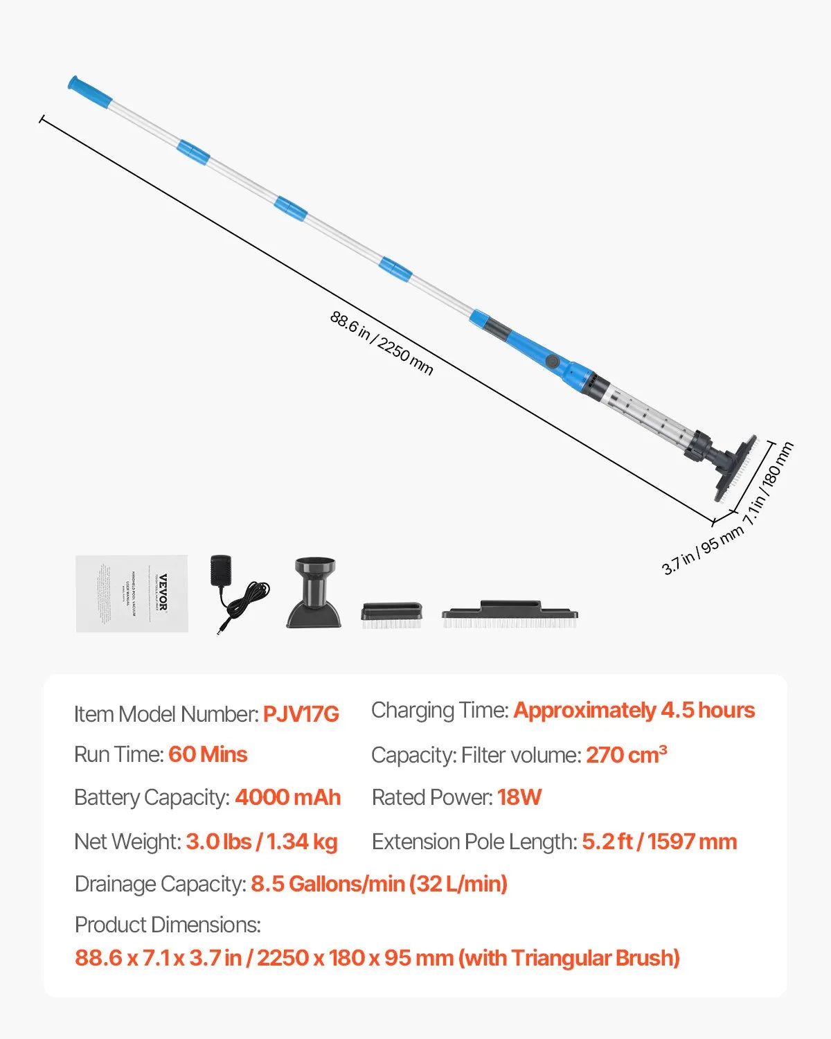 VEVOR Cordless Handheld Pool Vacuum, 8.5 GPM, with Extendable Pole, Powerful Suction for Deep Cleaning, Rechargeable Pool Cleaner with Up to 1 Hour Runtime, for Above-Ground and In-Ground Pools and Spas