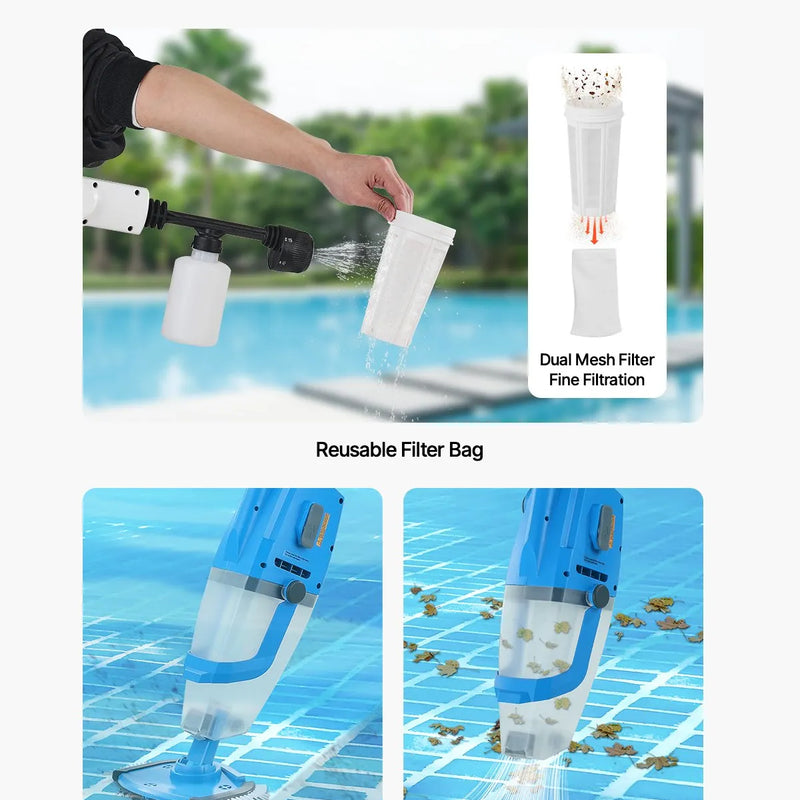VEVOR Bezvadu rokas baseina putekļsūcējs, 26 GPM, ar pagarināmu kātu, spēcīga sūkšana dziļai tīrīšanai, uzlādējams, darbības laiks līdz 1 stundai, paredzēts virszemes un iebūvējamiem baseiniem un spa