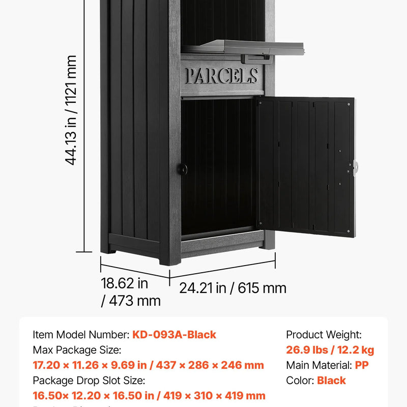 VEVOR KD-093A-Black paku piegādes kaste, 615 × 473 × 1121 mm, melna, biezs PP, slēdzama, pret zādzībām un laikapstākļiem izturīga, āra lietošanai