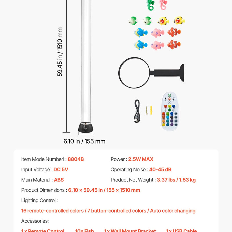 VEVOR burbuļu caurules lampa 150 cm, 16 krāsu sensorā akvārija lampa nomierināšanai un relaksācijai - ZEMLETES.LV