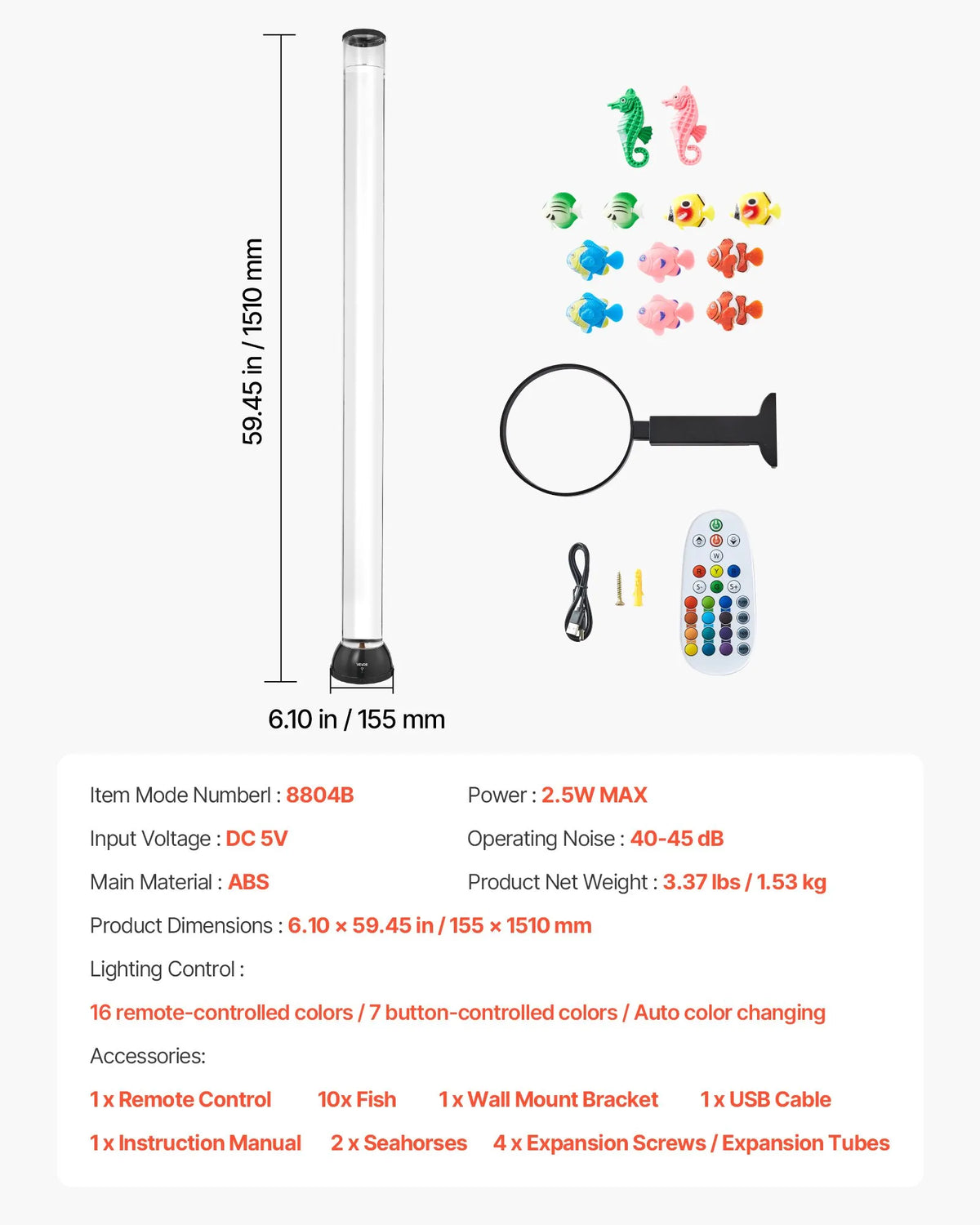 VEVOR burbuļu caurules lampa 150 cm, 16 krāsu sensorā akvārija lampa nomierināšanai un relaksācijai - ZEMLETES.LV
