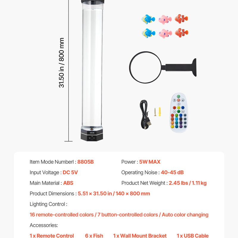 VEVOR Burbuļu caurules lampa 16 krāsas 80 cm sensorā akvārija lampa nomierināšanai - ZEMLETES.LV