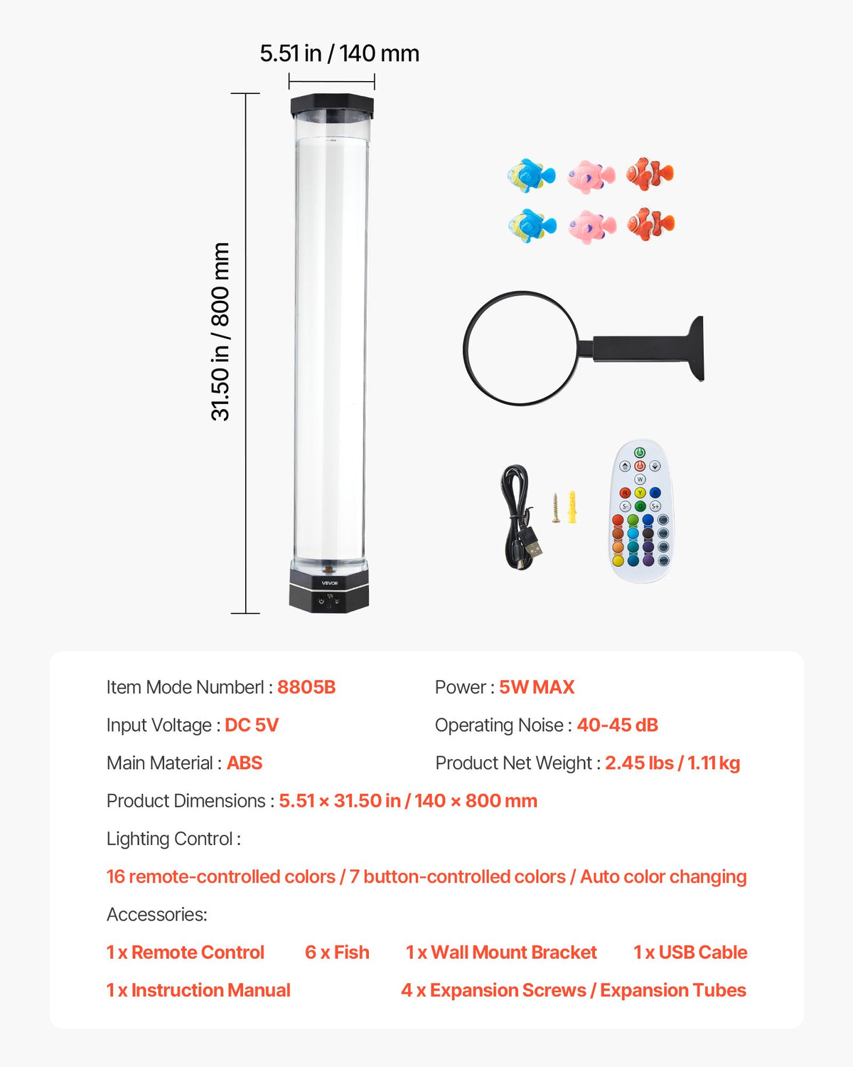 VEVOR Burbuļu caurules lampa 16 krāsas 80 cm sensorā akvārija lampa nomierināšanai - ZEMLETES.LV