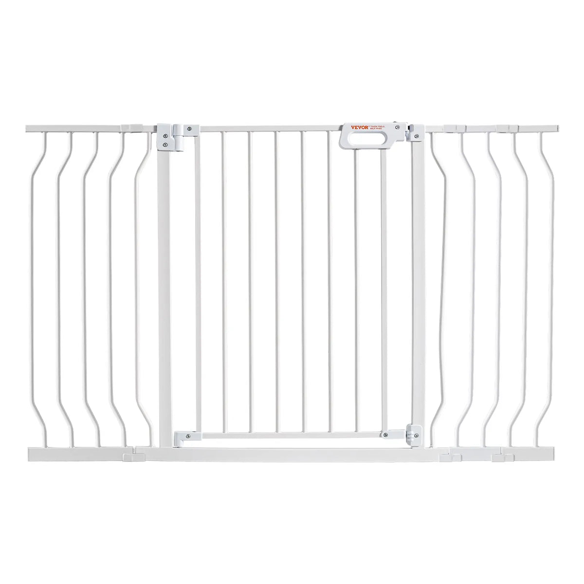 VEVOR bērnu drošības vārti, platums 75–130 cm, augstums 76 cm, pašnoslēdzoši, ar caurstaigājamu durvju mehānismu, piemēroti kāpnēm un durvju ailēm, ar spiediena un sienas stiprinājuma komplektu, balti - ZEMLETES.LV