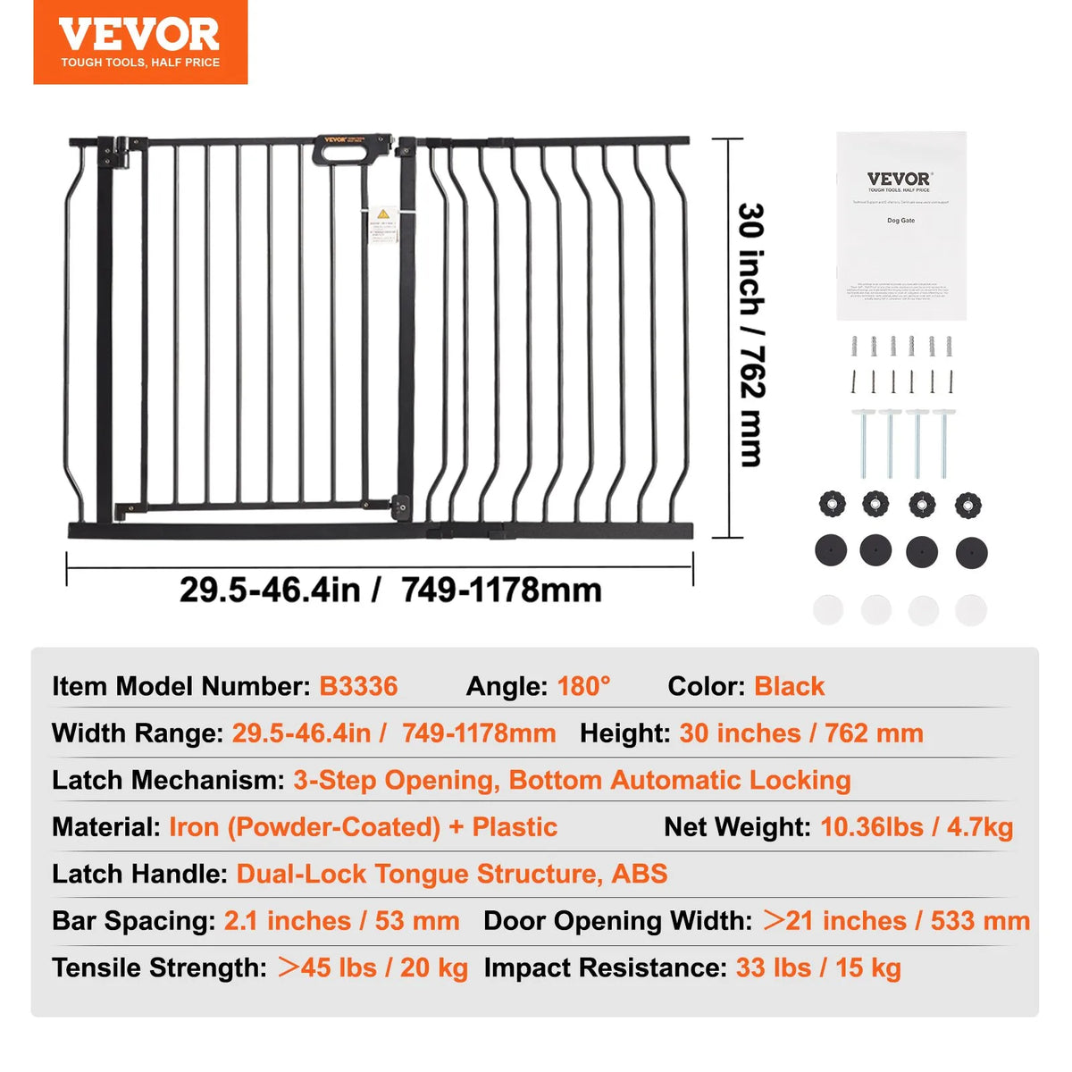 VEVOR bērnu drošības vārti, platums 74,9–122,9 cm, augstums 76,2 cm, pašnoslēdzoši, ar caurstaigājamu durvju mehānismu, piemēroti kāpnēm un durvju ailēm, ar spiediena un sienas stiprinājuma komplektu, melni - ZEMLETES.LV