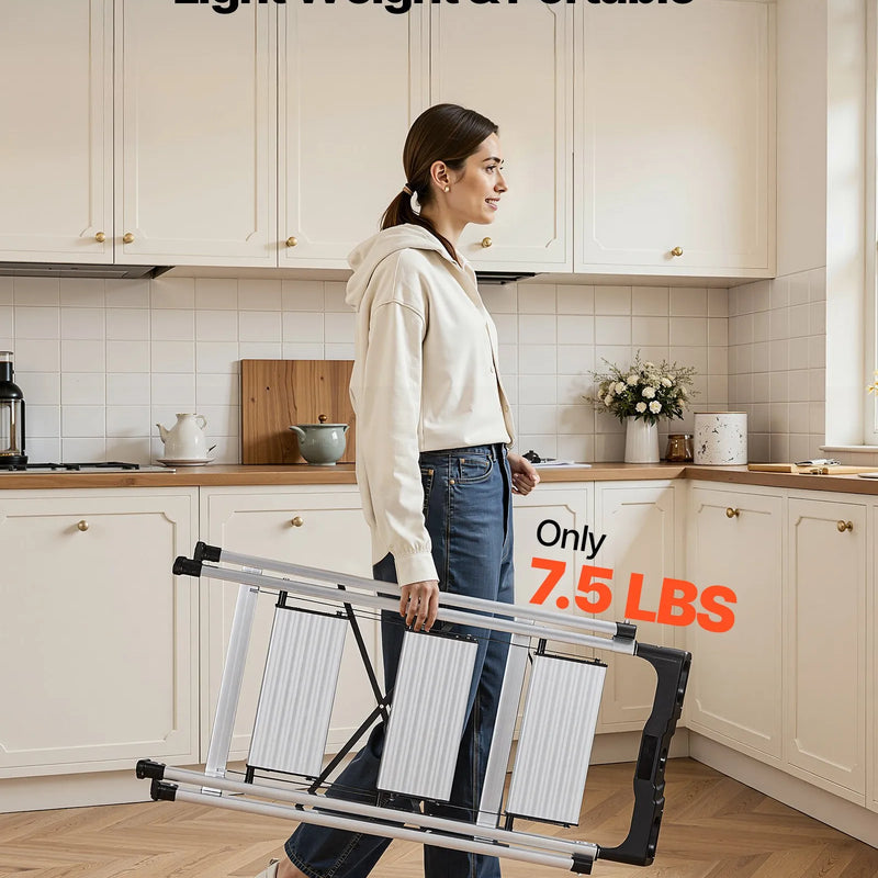 VEVOR 3 pakāpienu kāpnes, saliekams pakāpiens ar platu neslīdošu platformu un ērtu rokturi, 150 kg nestspēja, alumīnija, virtuvei, noliktavai, mājai un birojam, sudraba krāsā - ZEMLETES.LV