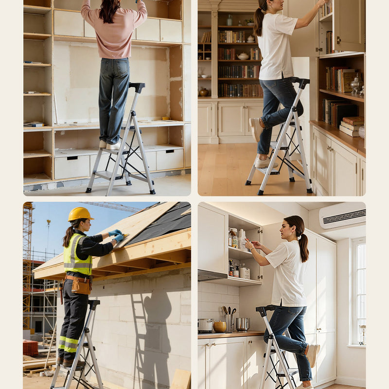 VEVOR 3 pakāpienu kāpnes, saliekams pakāpiens ar platu neslīdošu platformu un ērtu rokturi, 150 kg nestspēja, alumīnija, virtuvei, noliktavai, mājai un birojam, sudraba krāsā - ZEMLETES.LV