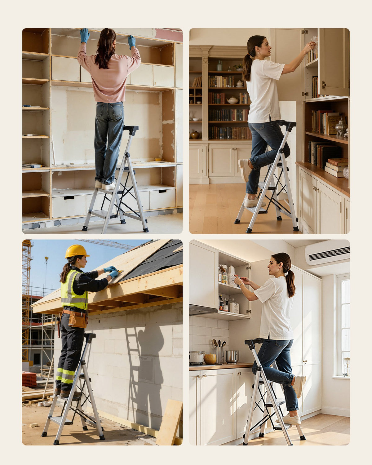 VEVOR 3 pakāpienu kāpnes, saliekams pakāpiens ar platu neslīdošu platformu un ērtu rokturi, 150 kg nestspēja, alumīnija, virtuvei, noliktavai, mājai un birojam, sudraba krāsā - ZEMLETES.LV