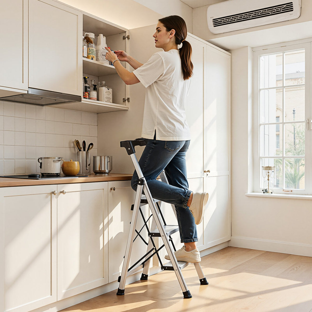 VEVOR 3 pakāpienu kāpnes, saliekams pakāpiens ar platu neslīdošu platformu un ērtu rokturi, 150 kg nestspēja, alumīnija, virtuvei, noliktavai, mājai un birojam, sudraba krāsā - ZEMLETES.LV