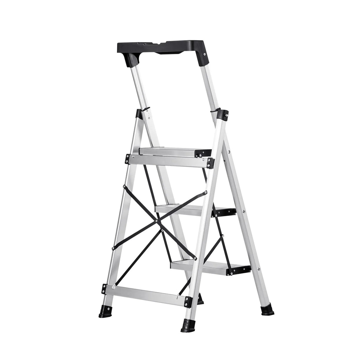 VEVOR 3 pakāpienu kāpnes, saliekams pakāpiens ar platu neslīdošu platformu un ērtu rokturi, 150 kg nestspēja, alumīnija, virtuvei, noliktavai, mājai un birojam, sudraba krāsā - ZEMLETES.LV