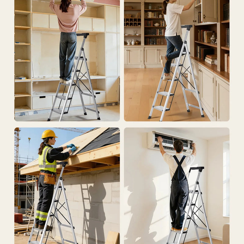 VEVOR 5 pakāpienu salokāmās alumīnija kāpnes ar platiem neslīdošiem pakāpieniem un ērtu rokturi, kravnesība 150 kg, daudzfunkcionālas virtuvei, noliktavai, mājai un birojam, sudraba krāsā - ZEMLETES.LV