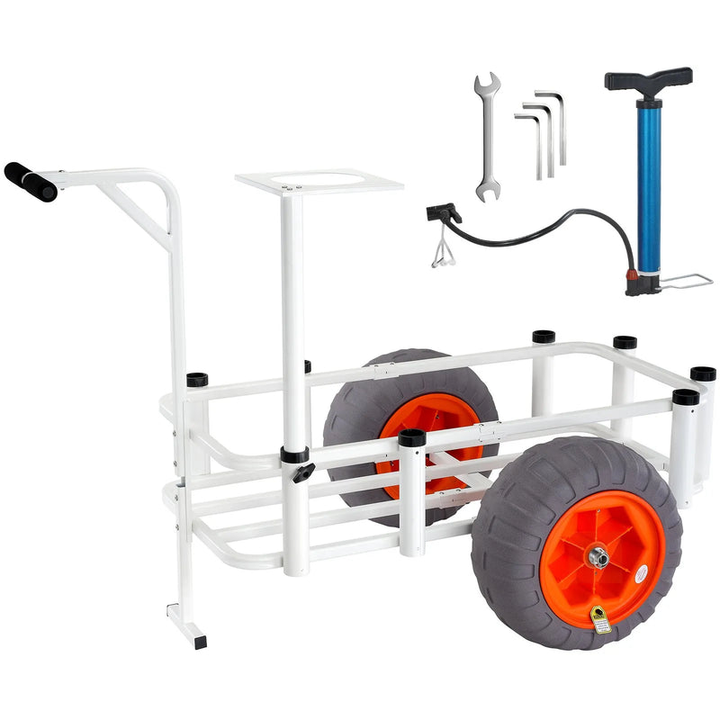 VEVOR pludmales makšķerēšanas ratiņi, kravnesība 159 kg, alumīnija transportēšanas ratiņi ar 2 × 406 mm PU balona tipa riteņiem smiltīm, ar 8 makšķeru turētājiem, piemēroti makšķerēšanai un piknikiem - ZEMLETES.LV