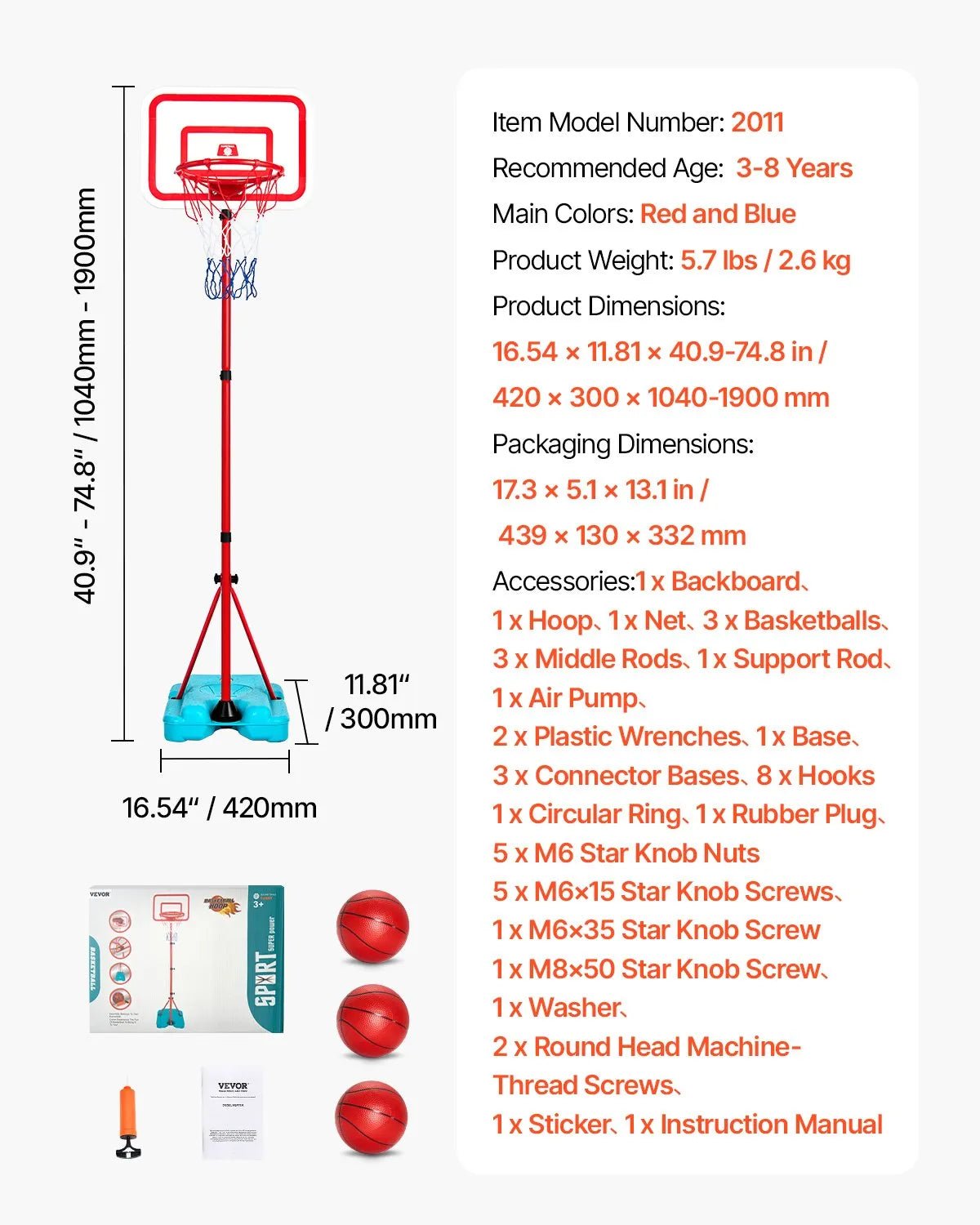 VEVOR Bērnu basketbola statīvs ar regulējamu augstumu un uzpildāmu pamatni, pārnēsājams basketbola komplekts iekštelpām un pagalmam, piemērots bērniem 3–8 gadi, zēniem un meitenēm - ZEMLETES.LV