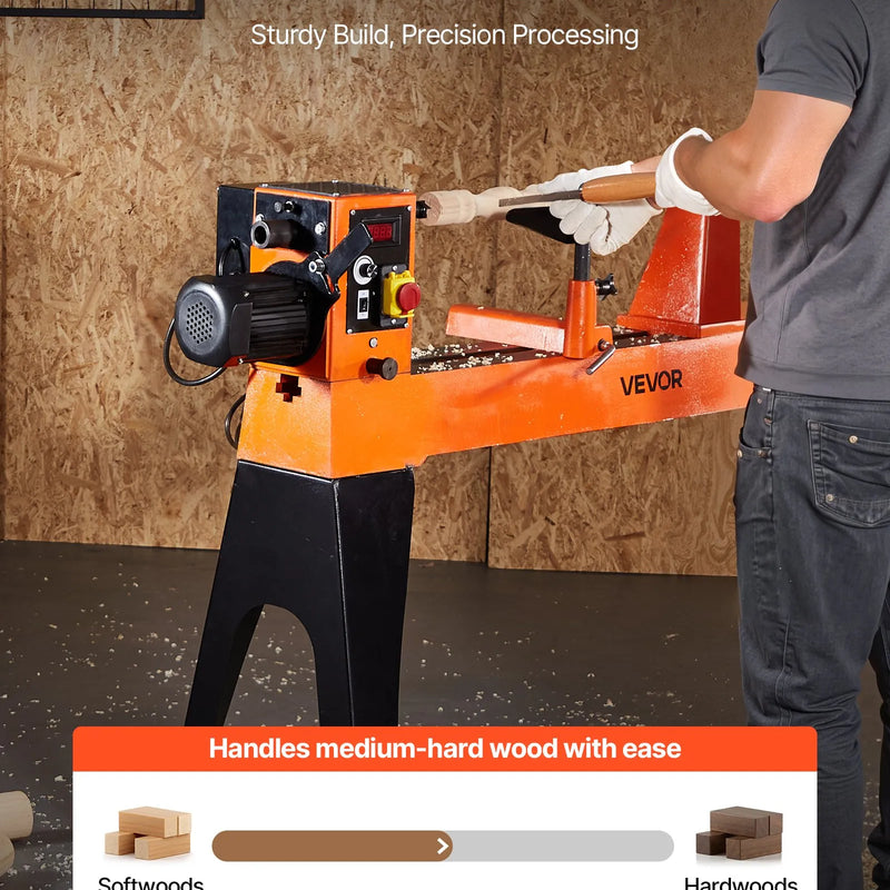 VEVOR kokapstrādes virpa, 1100 W / 1,5 ZS virpošanas iekārta ar regulējamu ātrumu 150–3200 apgr./min, 406 × 1020 mm darba galdu, bezsuku līdzstrāvas motoru, čuguna korpusu un instrumenta balstu.