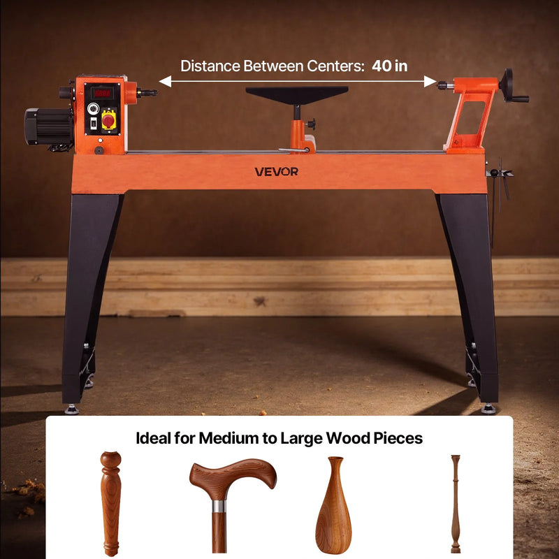 VEVOR kokapstrādes virpa, 1100 W / 1,5 ZS virpošanas iekārta ar regulējamu ātrumu 150–3200 apgr./min, 406 × 1020 mm darba galdu, bezsuku līdzstrāvas motoru, čuguna korpusu un instrumenta balstu.