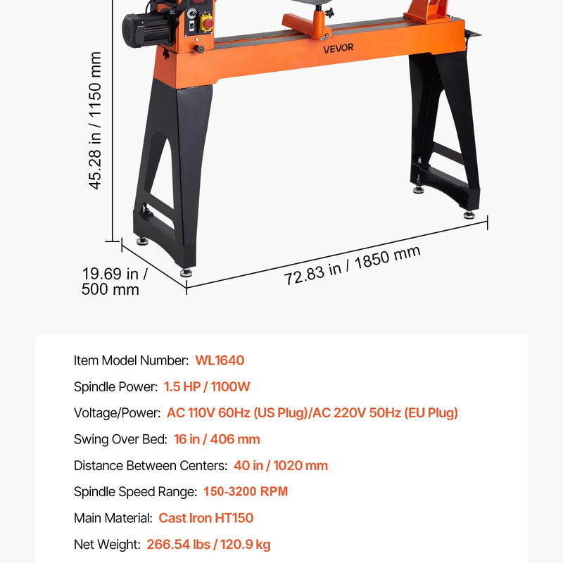 VEVOR kokapstrādes virpa, 1100 W / 1,5 ZS virpošanas iekārta ar regulējamu ātrumu 150–3200 apgr./min, 406 × 1020 mm darba galdu, bezsuku līdzstrāvas motoru, čuguna korpusu un instrumenta balstu.