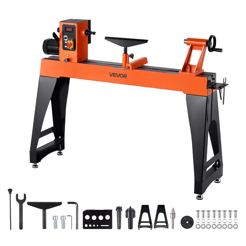 VEVOR kokapstrādes virpa, 1100 W / 1,5 ZS virpošanas iekārta ar regulējamu ātrumu 150–3200 apgr./min, 406 × 1020 mm darba galdu, bezsuku līdzstrāvas motoru, čuguna korpusu un instrumenta balstu.