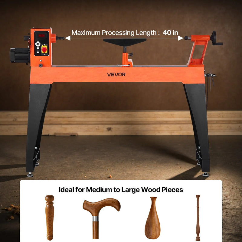 VEVOR kokapstrādes virpa, 1500 W / 2 ZS, kokapstrādes virpas iekārta ar bezpakāpju ātruma regulāciju 0–3200 apgr./min, 457 × 1020 mm darba virsma, bezsuku līdzstrāvas motors, čuguna korpuss, instrumentu balsts.