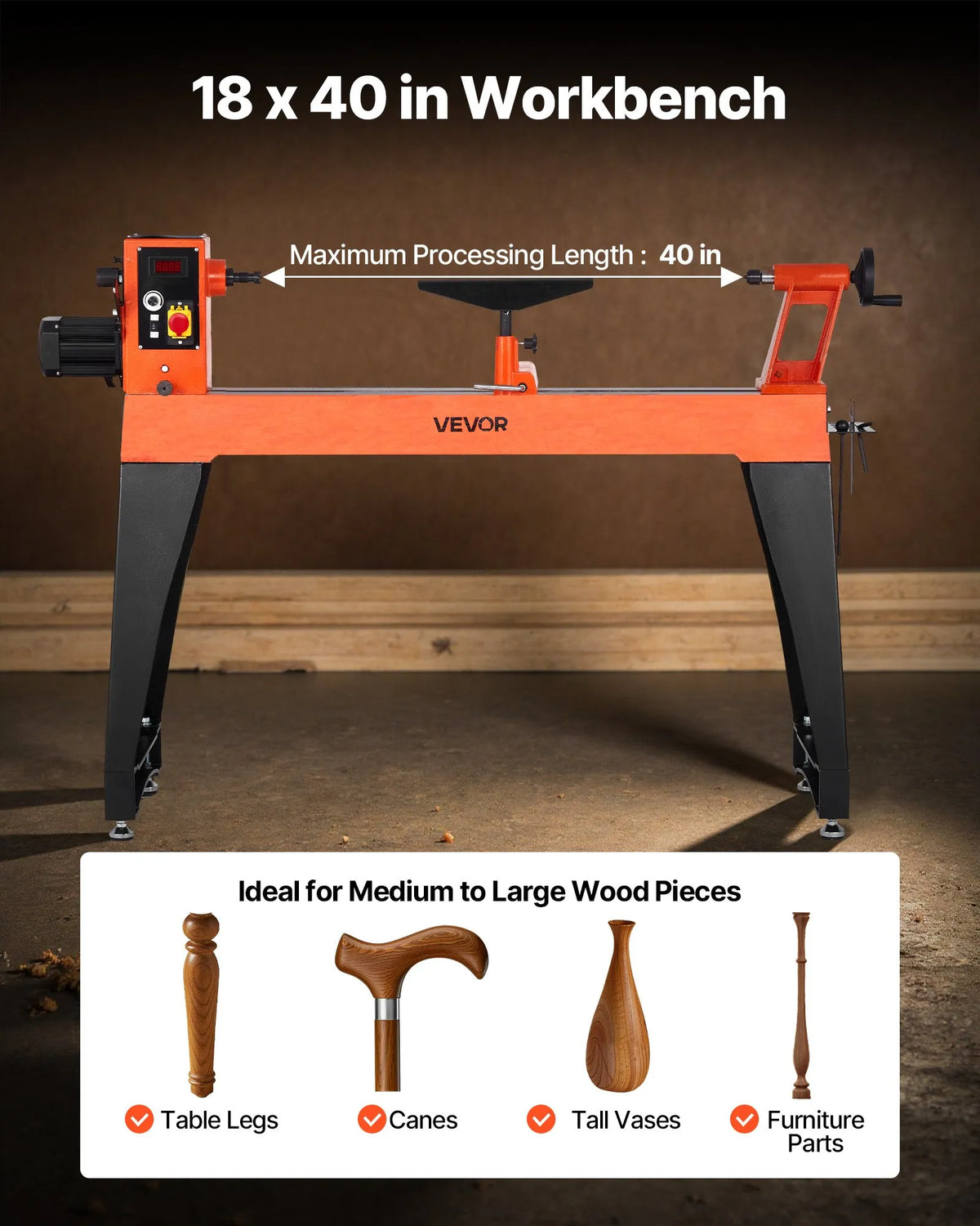 VEVOR puidutreipink 1500 W (2 hj), 0–3200 p/min, 457 × 1020 mm, harjadeta mootor, malmkorpus
