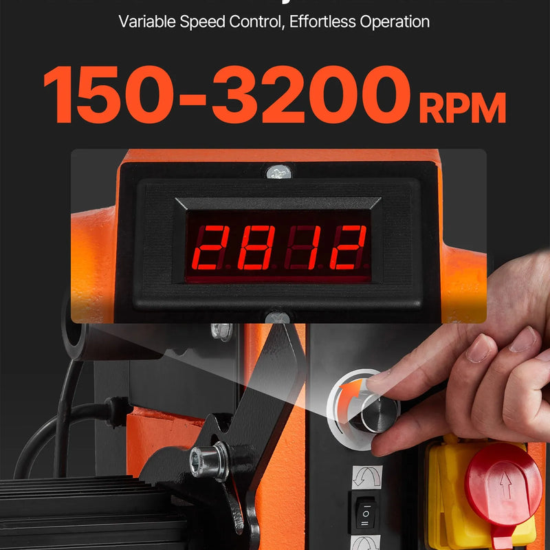 VEVOR kokapstrādes virpa, 1500 W / 2 ZS, kokapstrādes virpas iekārta ar bezpakāpju ātruma regulāciju 0–3200 apgr./min, 457 × 1020 mm darba virsma, bezsuku līdzstrāvas motors, čuguna korpuss, instrumentu balsts.