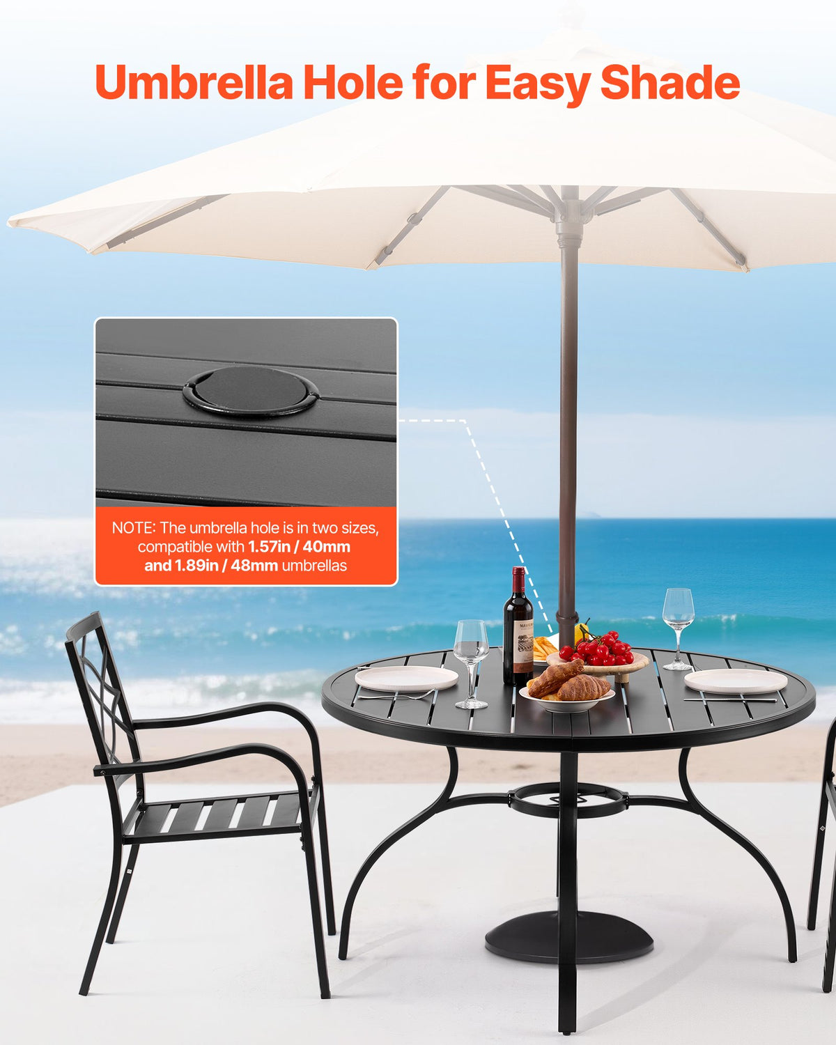 VEVOR Outdoor Patio Round Metal Steel Slat Dining Table Ø120 cm with 38 mm Umbrella Hole, Garden and Terrace, Black