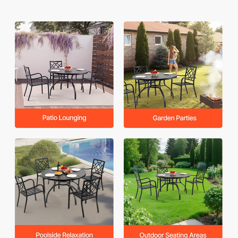 VEVOR āra terases apaļš metāla tērauda līstīšu ēdamgalds Ø120 cm ar 38 mm saulessarga atveri, dārzam un lievenim, melns