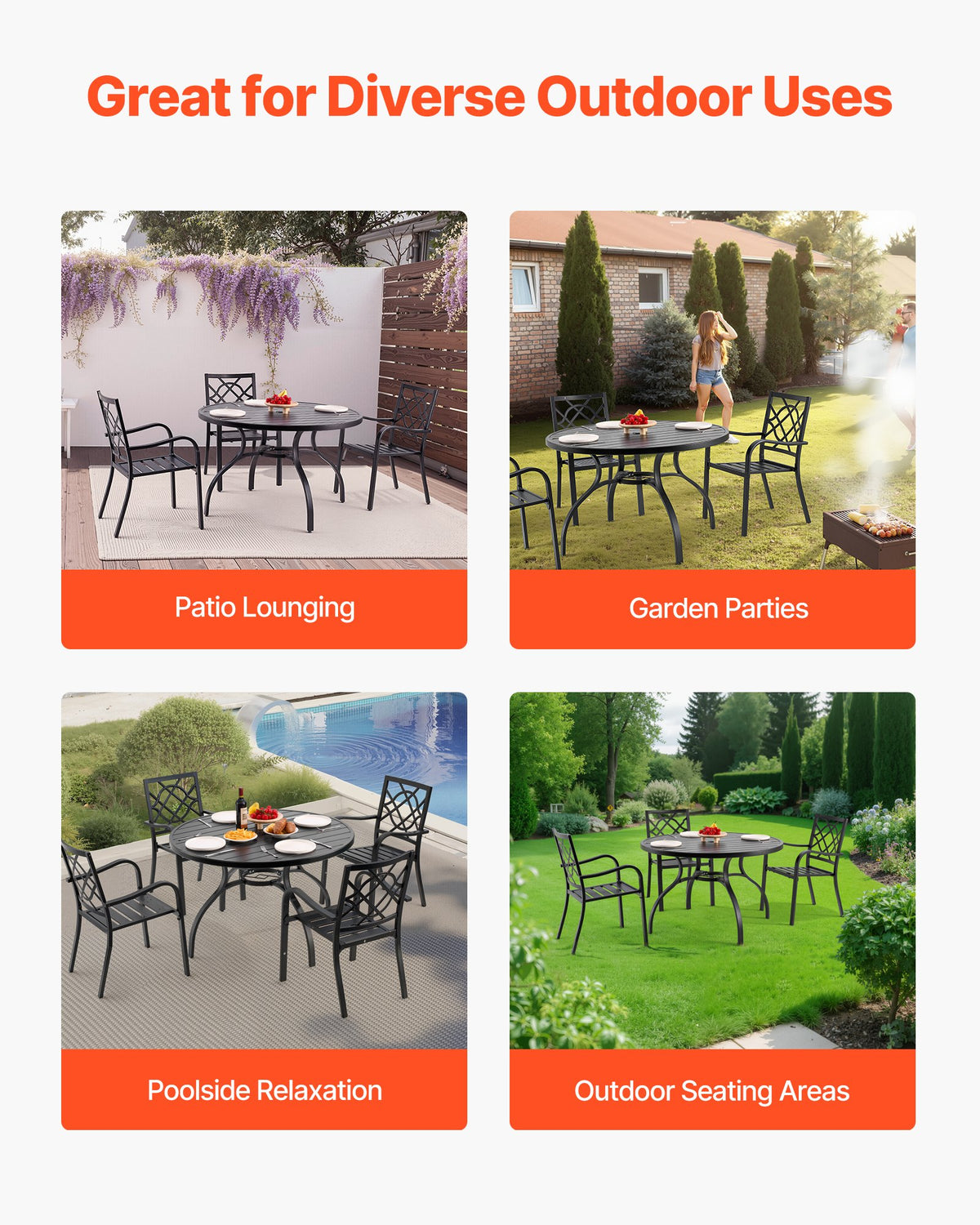 VEVOR Outdoor Patio Round Metal Steel Slat Dining Table Ø120 cm with 38 mm Umbrella Hole, Garden and Terrace, Black