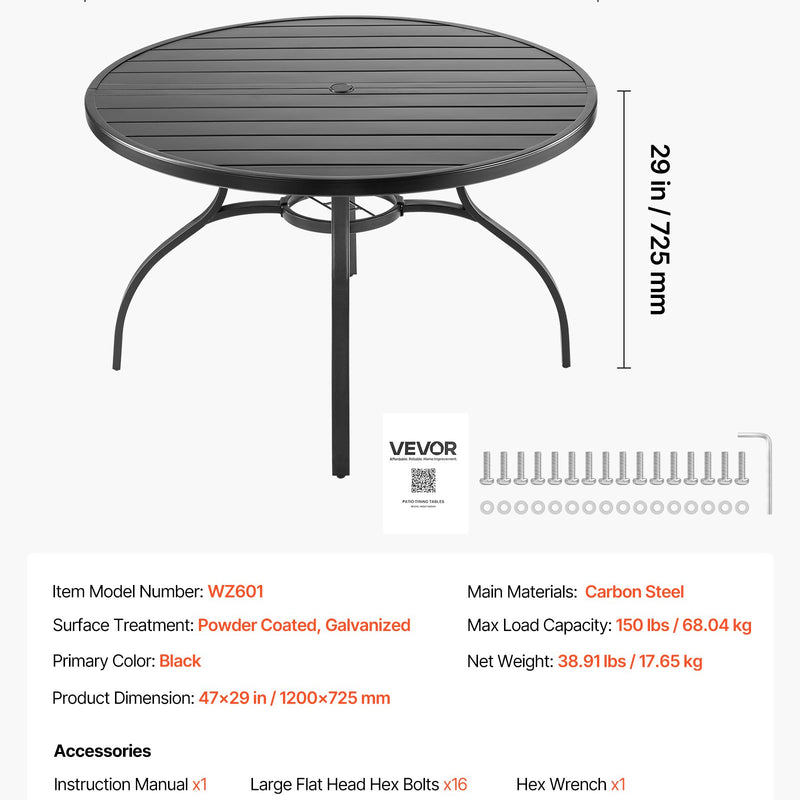VEVOR āra terases apaļš metāla tērauda līstīšu ēdamgalds Ø120 cm ar 38 mm saulessarga atveri, dārzam un lievenim, melns