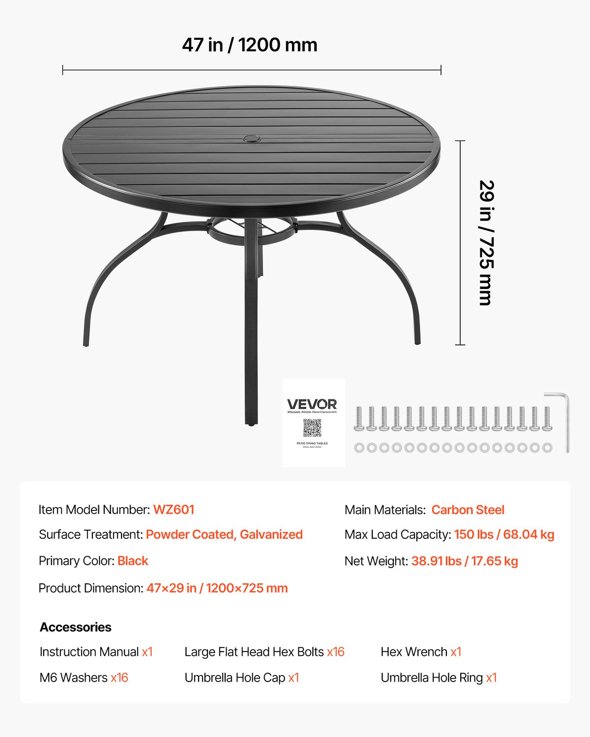 VEVOR Outdoor Patio Round Metal Steel Slat Dining Table Ø120 cm with 38 mm Umbrella Hole, Garden and Terrace, Black