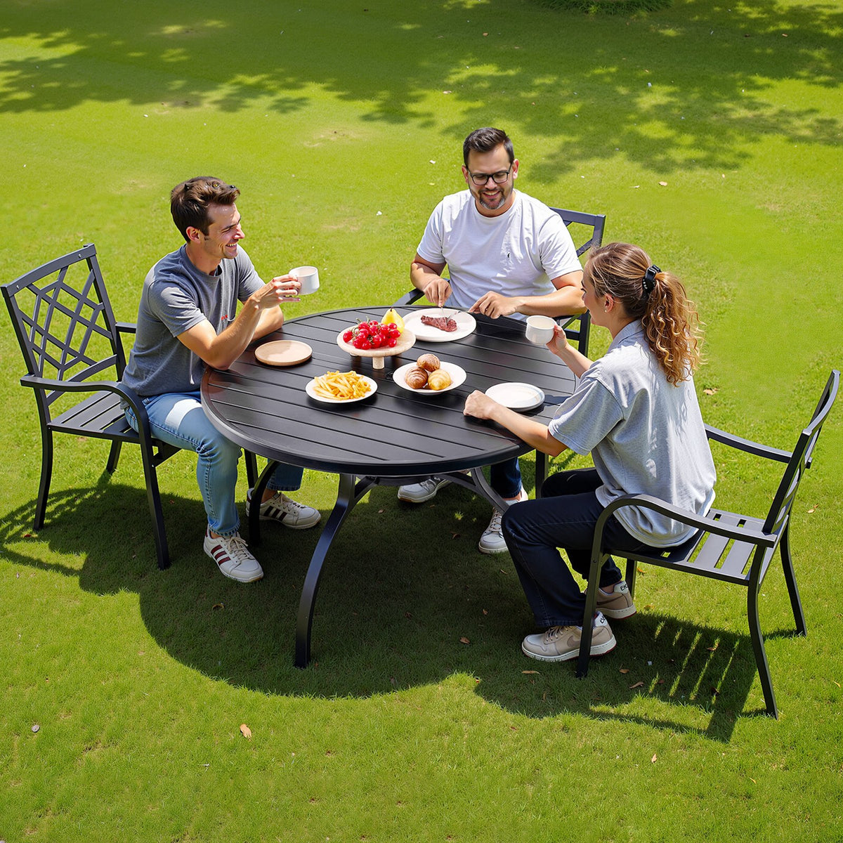 VEVOR Outdoor Patio Round Metal Steel Slat Dining Table Ø120 cm with 38 mm Umbrella Hole, Garden and Terrace, Black