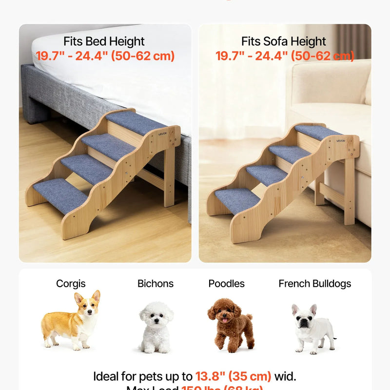 VEVOR koka mājdzīvnieku kāpnes, 4 pakāpieni, kravnesība 68 kg, neslīdoša virsma, stabilas, piemērotas gultām, dīvāniem un automašīnām, suņiem un kaķiem dažādos izmēros - ZEMLETES.LV