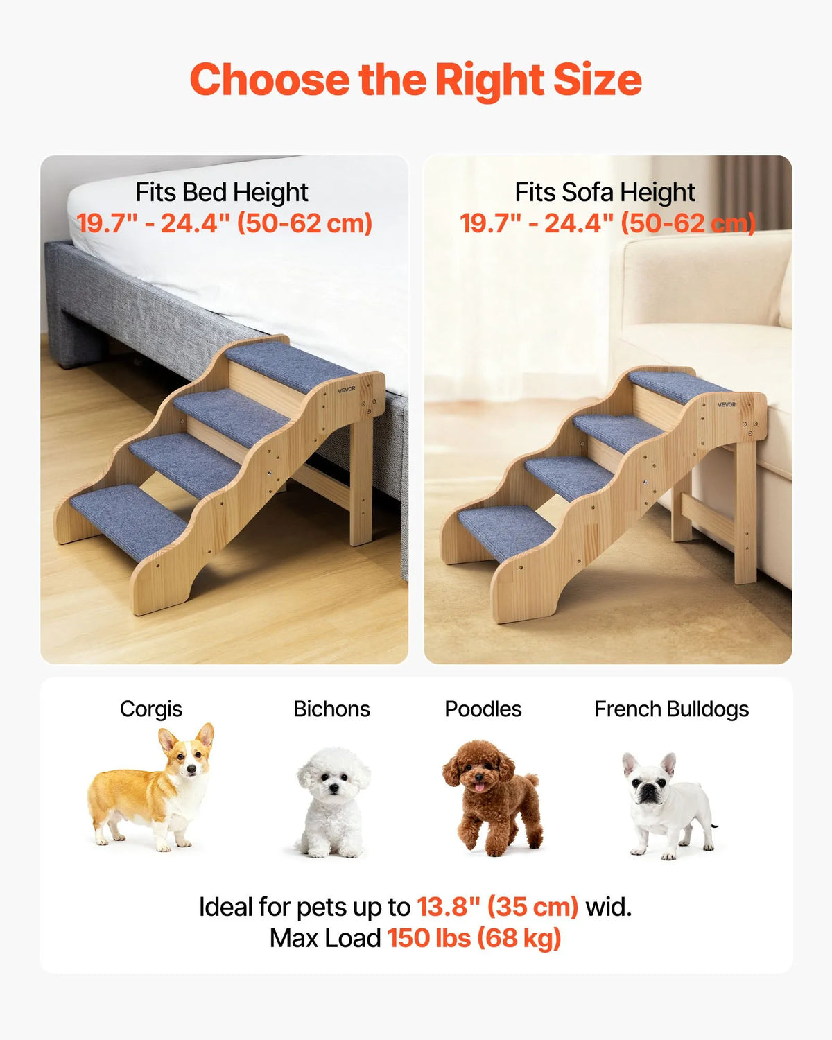 VEVOR koka mājdzīvnieku kāpnes, 4 pakāpieni, kravnesība 68 kg, neslīdoša virsma, stabilas, piemērotas gultām, dīvāniem un automašīnām, suņiem un kaķiem dažādos izmēros - ZEMLETES.LV