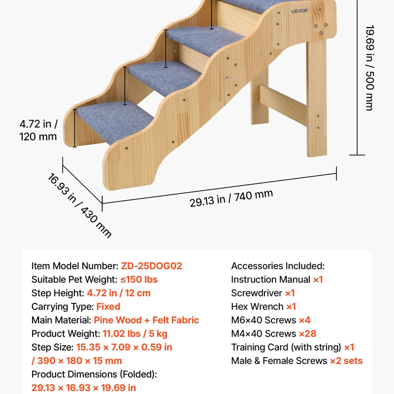 VEVOR koka mājdzīvnieku kāpnes, 4 pakāpieni, kravnesība 68 kg, neslīdoša virsma, stabilas, piemērotas gultām, dīvāniem un automašīnām, suņiem un kaķiem dažādos izmēros - ZEMLETES.LV