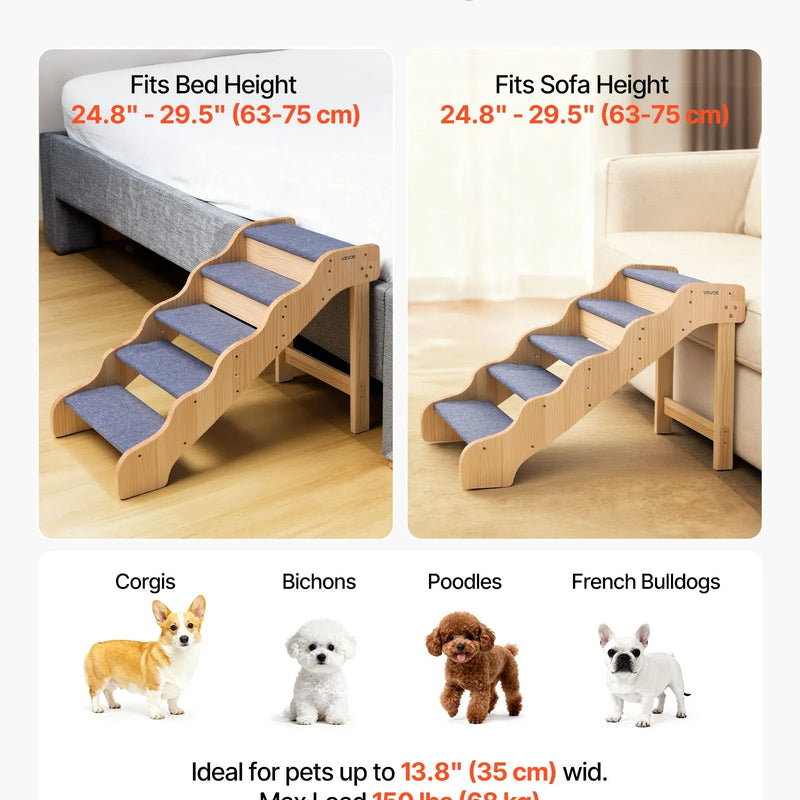 VEVOR koka mājdzīvnieku kāpnes, 5 pakāpieni, kravnesība 68 kg, neslīdoša virsma, stabilas, piemērotas gultām, dīvāniem un automašīnām, suņiem un kaķiem dažādos izmēros - ZEMLETES.LV