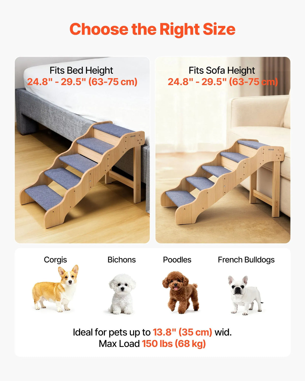 VEVOR koka mājdzīvnieku kāpnes, 5 pakāpieni, kravnesība 68 kg, neslīdoša virsma, stabilas, piemērotas gultām, dīvāniem un automašīnām, suņiem un kaķiem dažādos izmēros - ZEMLETES.LV