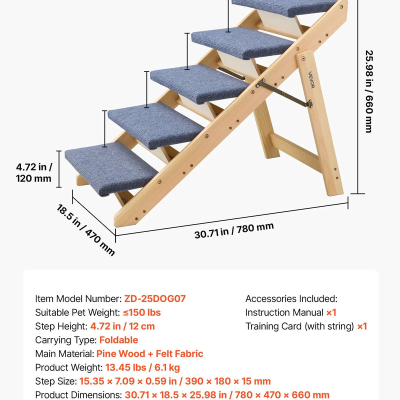 VEVOR koka mājdzīvnieku kāpnes, 5 pakāpieni, kravnesība 68 kg, salokāms dizains, stabilas un izturīgas, piemērotas gultām, dīvāniem un automašīnām, suņiem un kaķiem dažādos izmēros - ZEMLETES.LV