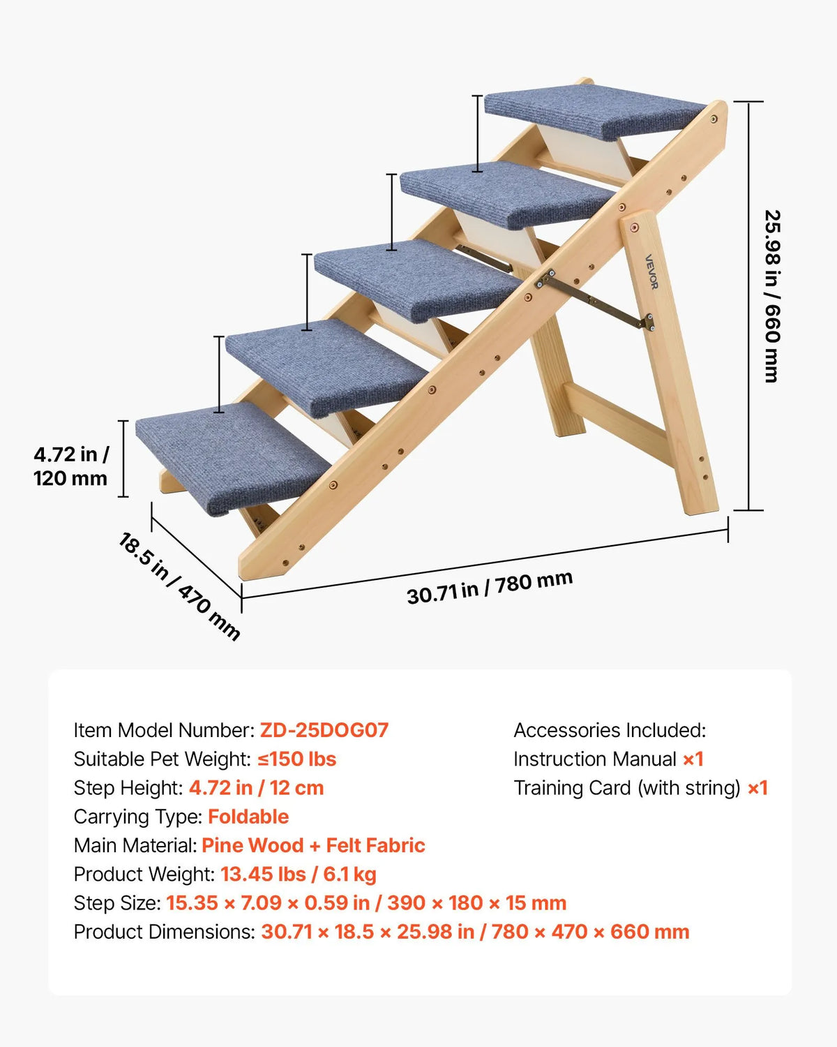 VEVOR koka mājdzīvnieku kāpnes, 5 pakāpieni, kravnesība 68 kg, salokāms dizains, stabilas un izturīgas, piemērotas gultām, dīvāniem un automašīnām, suņiem un kaķiem dažādos izmēros - ZEMLETES.LV