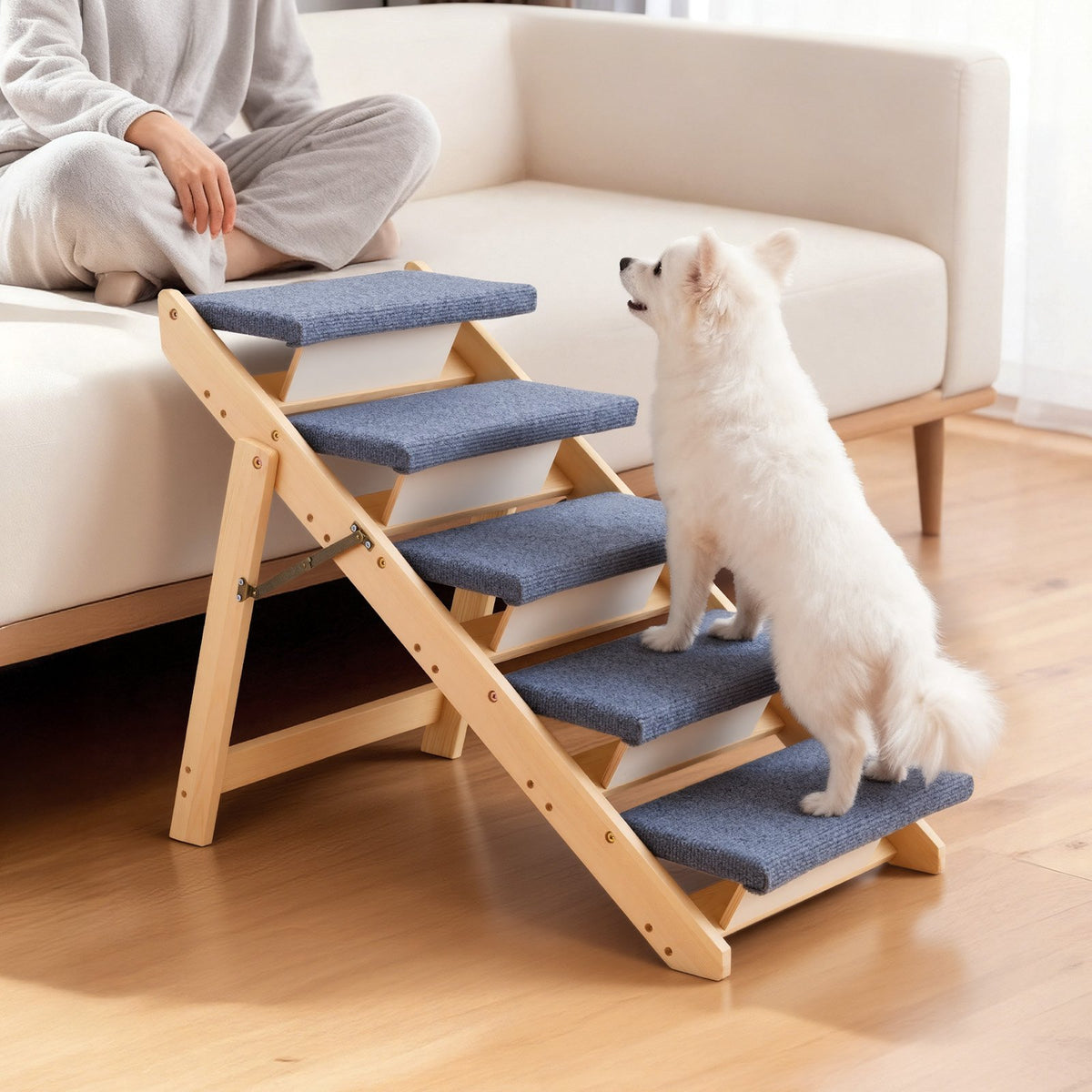 VEVOR koka mājdzīvnieku kāpnes, 5 pakāpieni, kravnesība 68 kg, salokāms dizains, stabilas un izturīgas, piemērotas gultām, dīvāniem un automašīnām, suņiem un kaķiem dažādos izmēros - ZEMLETES.LV