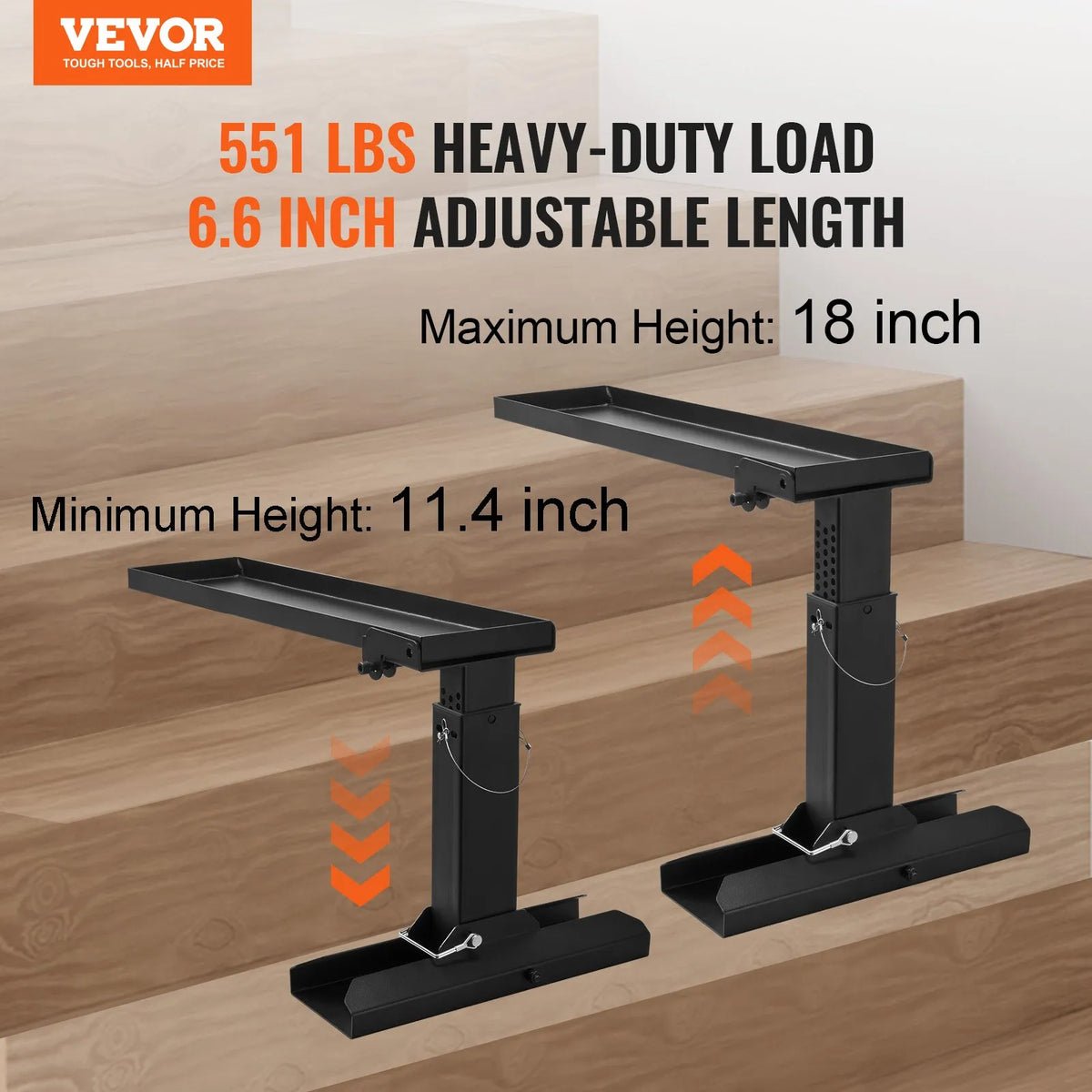 VEVOR kāpņu līmeņotājs ar regulējamu augstumu 29–46 cm un balsta virsmu 59 × 15 cm, tērauda konstrukcija, salokāms stabilizators kāpnēm uz nelīdzenas virsmas, piemērots pagarināmajām kāpnēm - ZEMLETES.LV