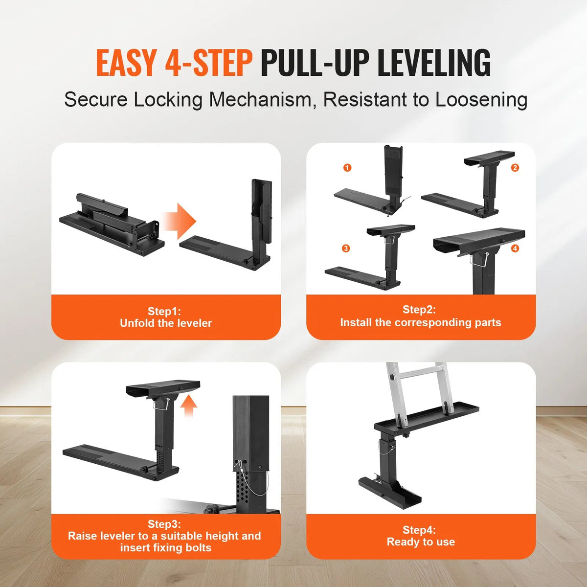 VEVOR kāpņu līmeņotājs ar regulējamu augstumu 29–46 cm un balsta virsmu 59 × 15 cm, tērauda konstrukcija, salokāms stabilizators kāpnēm uz nelīdzenas virsmas, piemērots pagarināmajām kāpnēm - ZEMLETES.LV
