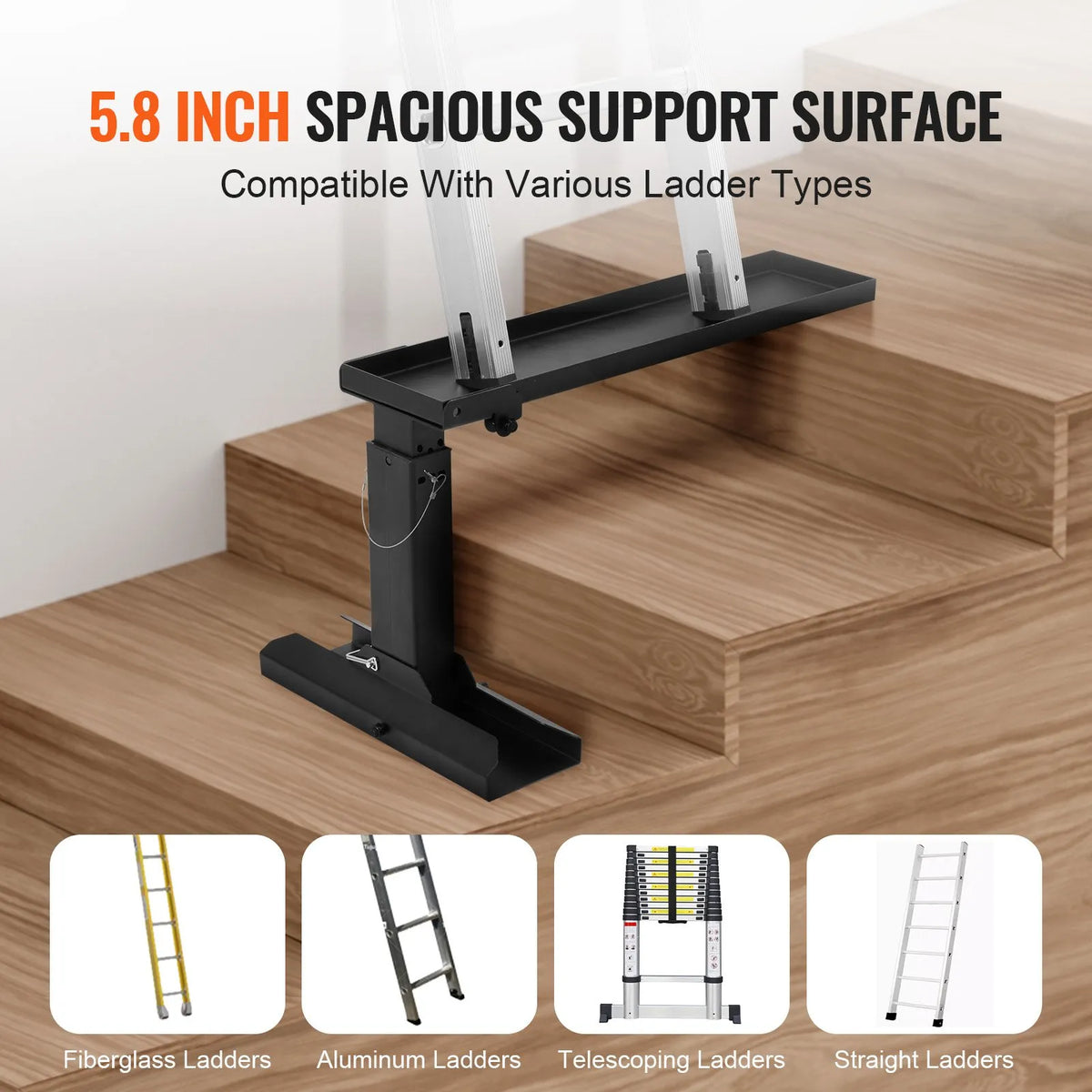 VEVOR kāpņu līmeņotājs ar regulējamu augstumu 29–46 cm un balsta virsmu 76 × 29 cm, tērauda konstrukcija, salokāms stabilizators kāpnēm uz nelīdzenas virsmas, piemērots pagarināmajām kāpnēm - ZEMLETES.LV